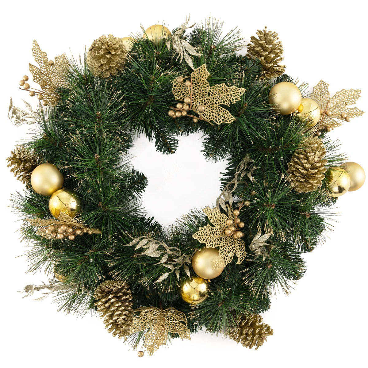 LIVSK Verlichte Kerstkrans 60 cm - 35 LED-lampjes - Gouden decoraties - Draadloos en vlamvertragend - Groen + Goud