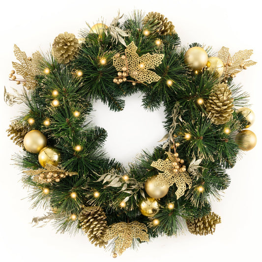 LIVSK Verlichte Kerstkrans 60 cm - 35 LED-lampjes - Gouden decoraties - Draadloos en vlamvertragend - Groen + Goud