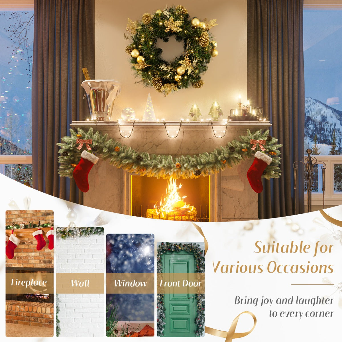 LIVSK Verlichte Kerstkrans 60 cm - 35 LED-lampjes - Gouden decoraties - Draadloos en vlamvertragend - Groen + Goud