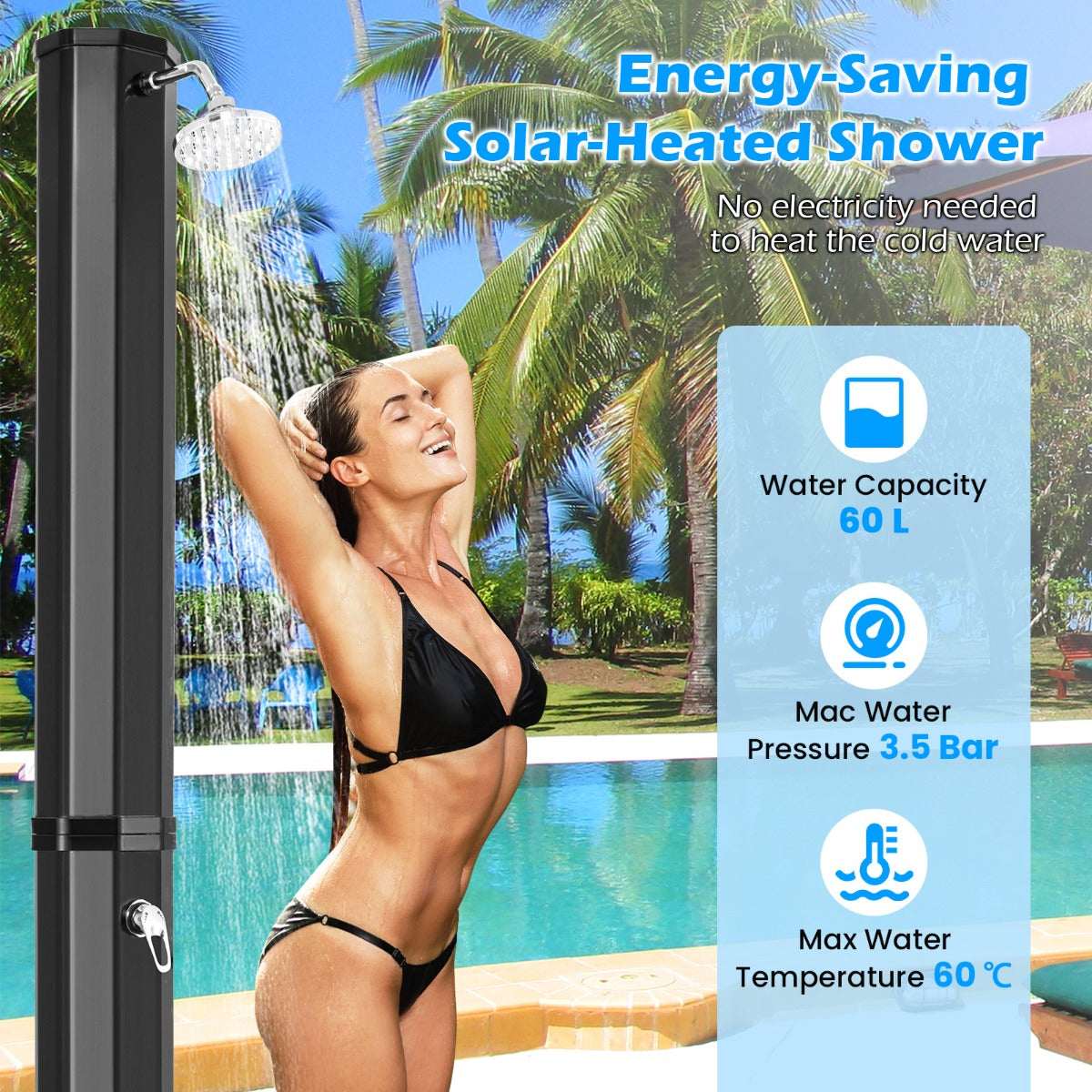 LIVSK Buitendouche op Zonne-Energie 60L - 360° Draaibare Douchekop - Voetkraan - Duurzaam PVC - 227 cm - Zwart