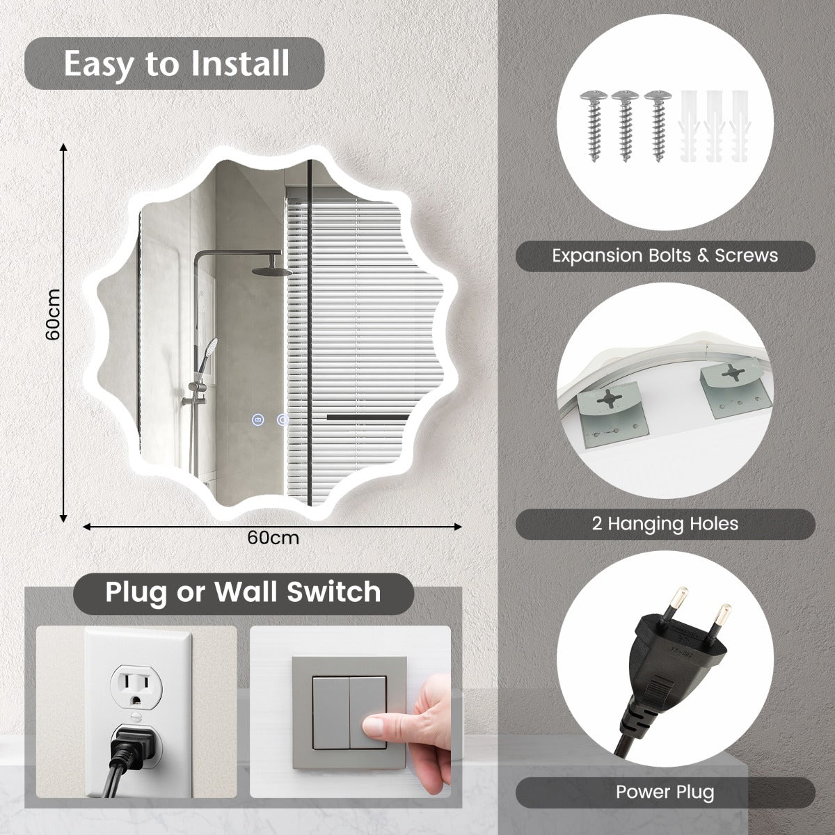 LIVSK LED Badkamerspiegel - 3 Lichtkleuren - Anticondens - Verstelbare Helderheid - 60 x 60 cm - Zilver