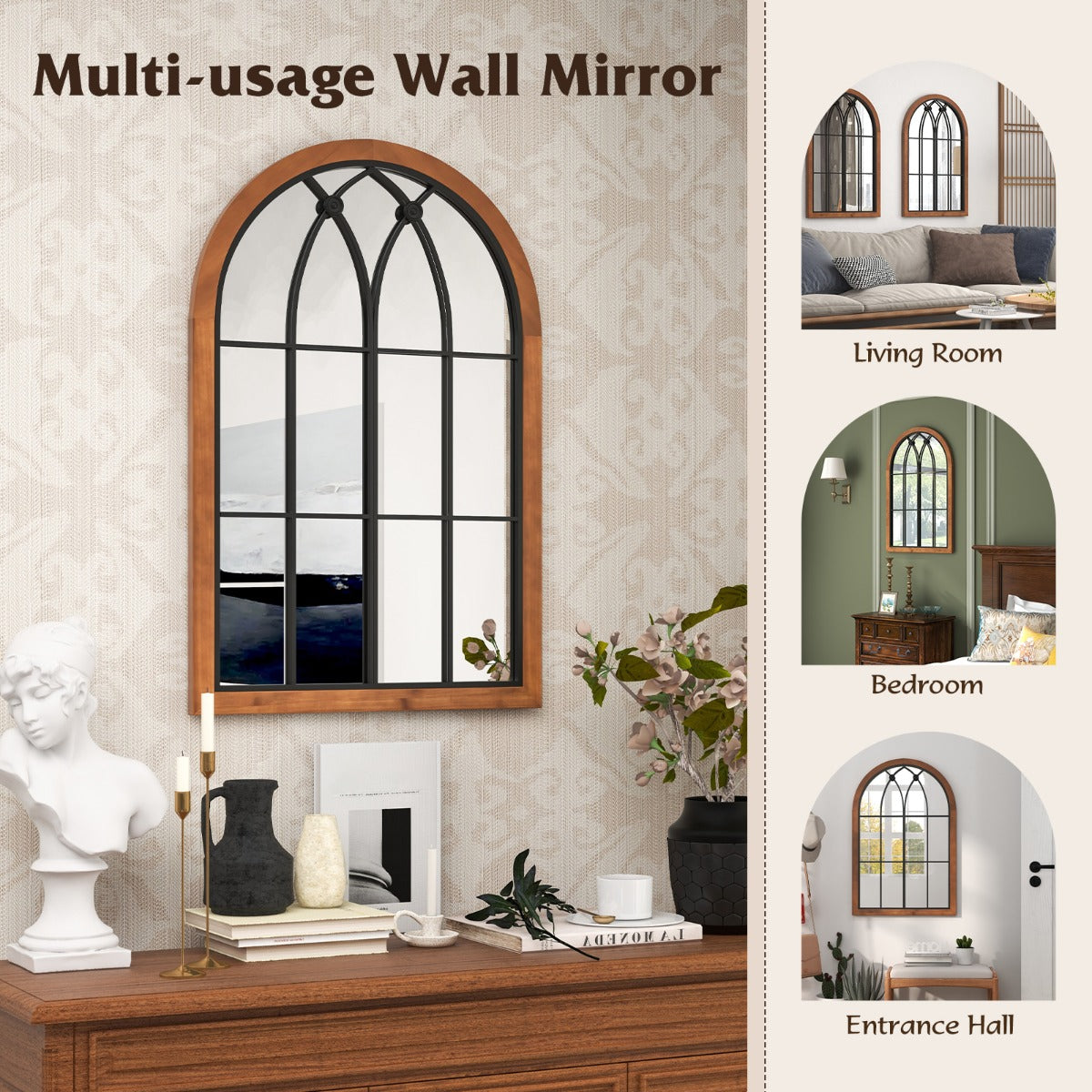 LIVSK Wandspiegel - Gebogen Raamframe - Premium Glas en Dennenhout - Schok- en Breukbestendig - 60 x 90 x 2,5 cm - Natuurlijk