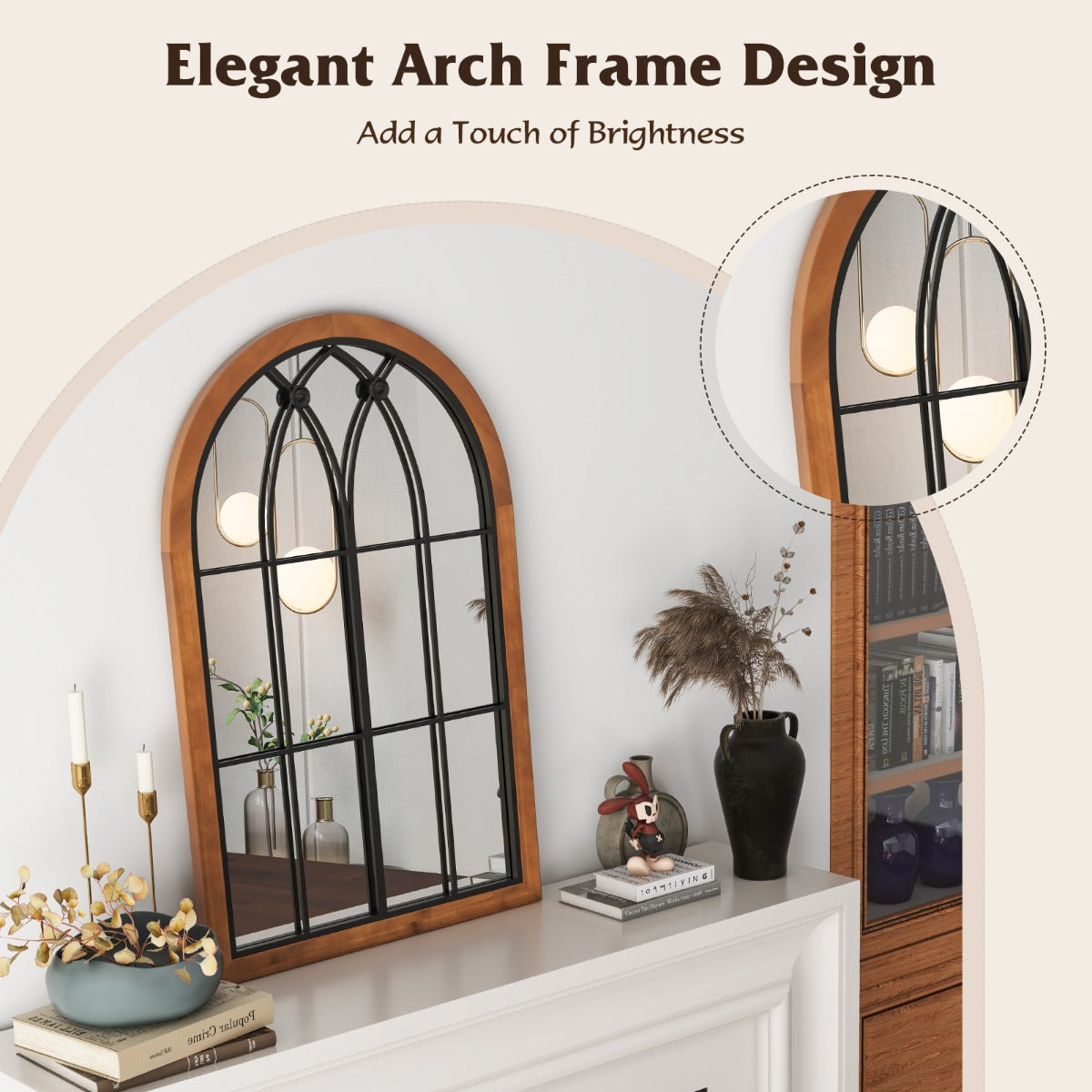 LIVSK Wandspiegel - Gebogen Raamframe - Premium Glas en Dennenhout - Schok- en Breukbestendig - 60 x 90 x 2,5 cm - Natuurlijk