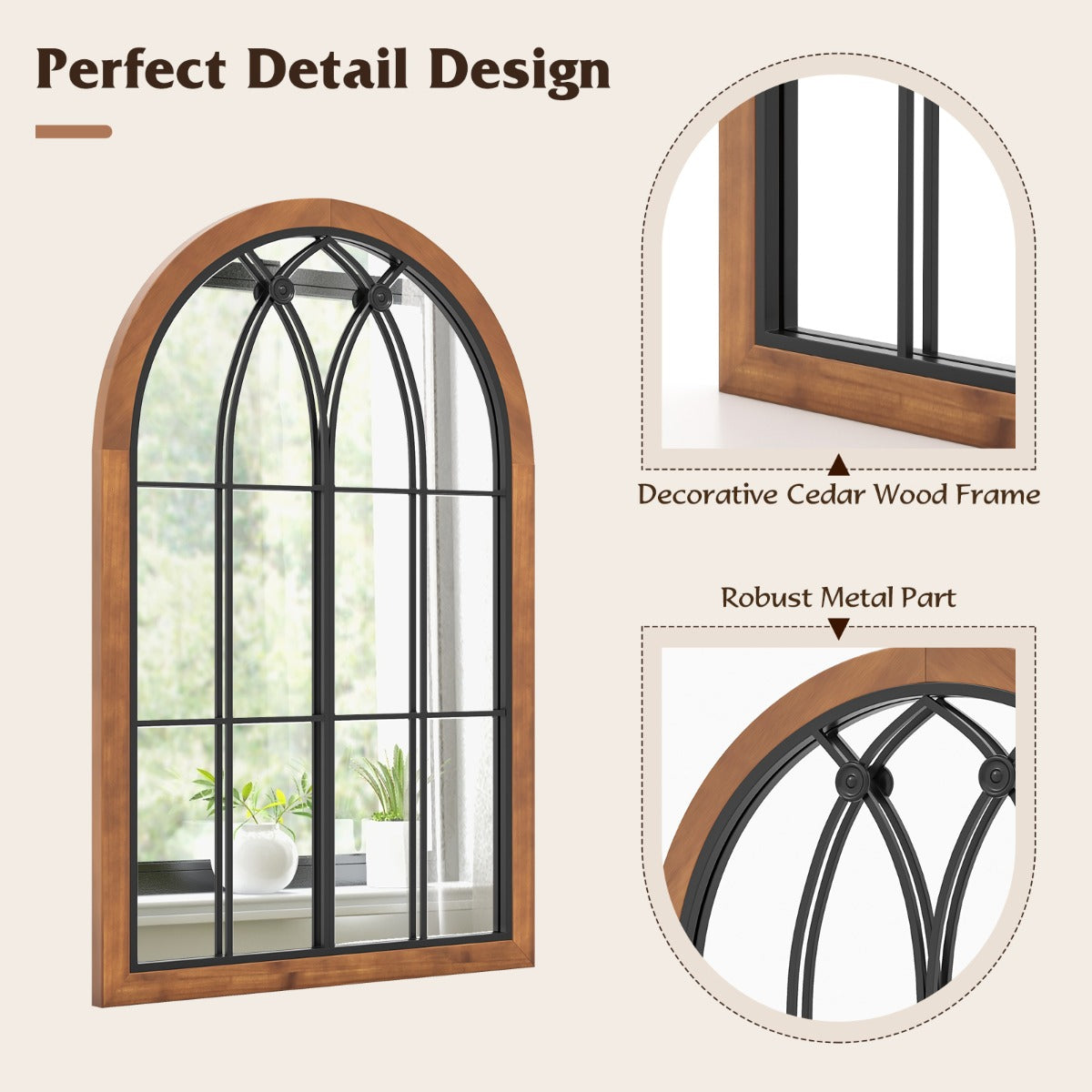 LIVSK Wandspiegel - Gebogen Raamframe - Premium Glas en Dennenhout - Schok- en Breukbestendig - 60 x 90 x 2,5 cm - Natuurlijk