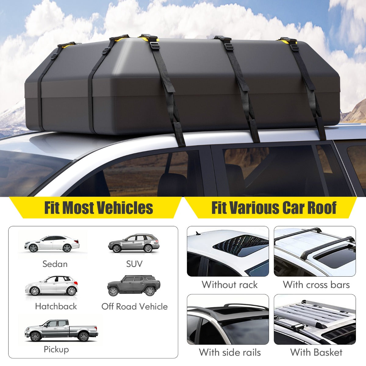 LIVSK Daktas 600 L - Weerbestendig Polyester - 6 Deurhaken - Antislipmat - Eenvoudige Montage - Zwart + Geel