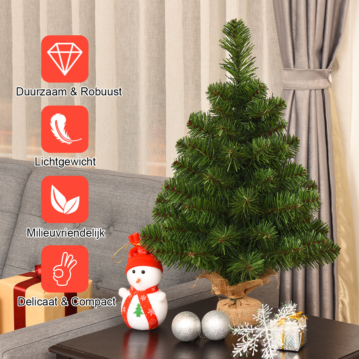 LIVSK Kunstkerstboom 60 cm - Levensechte PVC-Naalden - Volle Kroon met 67/96 Takken - Stevige Jutebasis - Groen