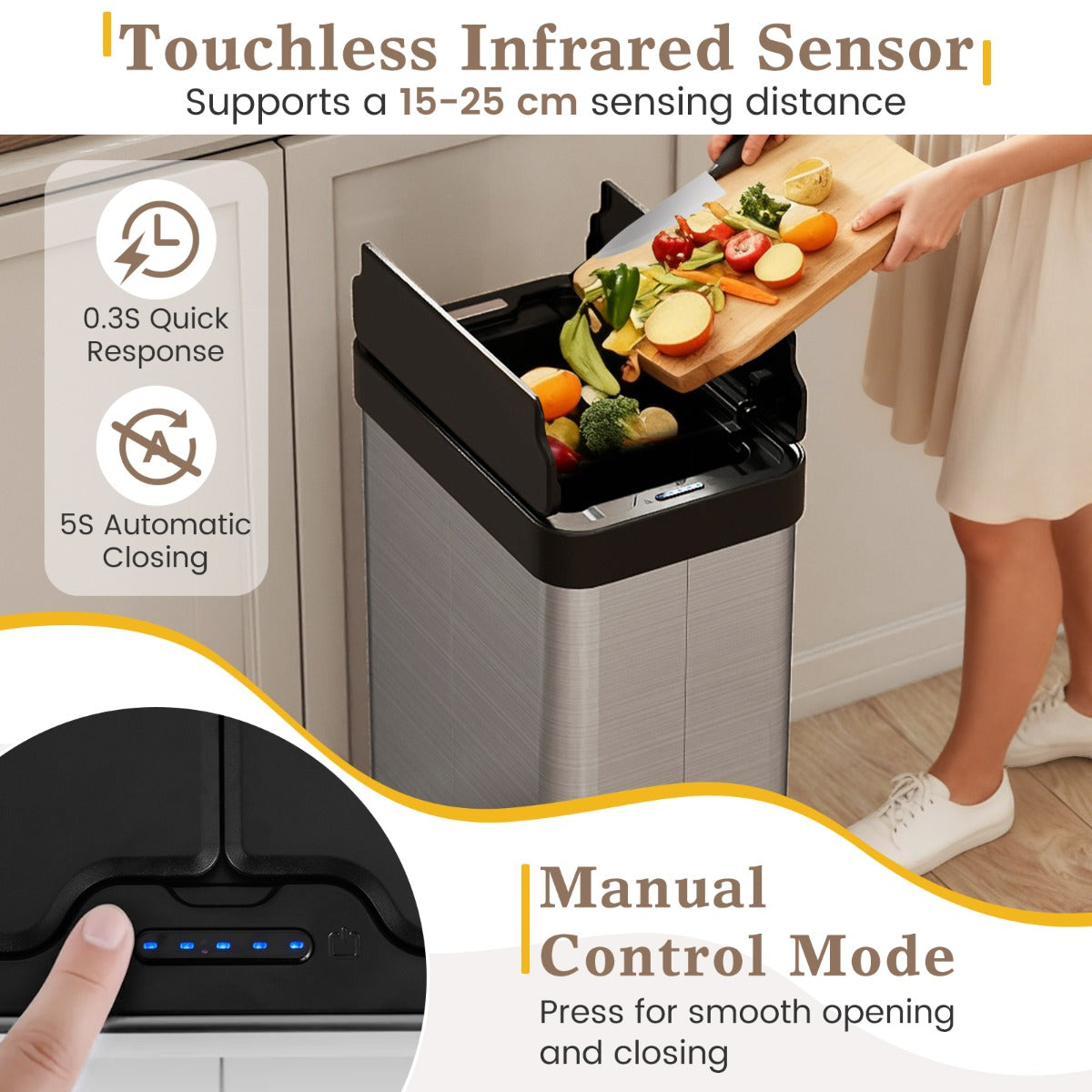 Livsk costway 60l sensor geactiveerde automatische afvalbak automatische open sluit functie metalen afvalbak met dubbelgevouwen deksel zilver 6