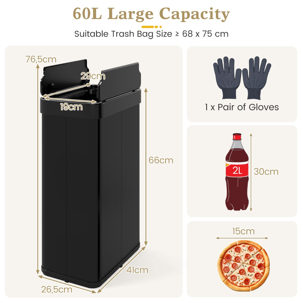 Livsk costway 60l sensor geactiveerde automatische afvalbak automatische open sluit functie metalen afvalbak met dubbelgevouwen deksel zwart 2