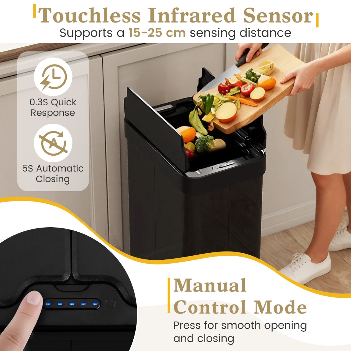 Livsk costway 60l sensor geactiveerde automatische afvalbak automatische open sluit functie metalen afvalbak met dubbelgevouwen deksel zwart 6