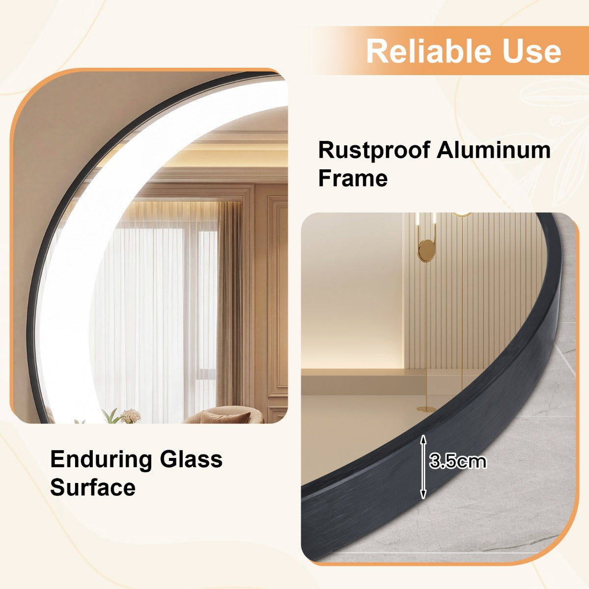 Livsk costway 61 cm ronde badkamerspiegel badkamerspiegel met aluminium frame ronde wandspiegel 2