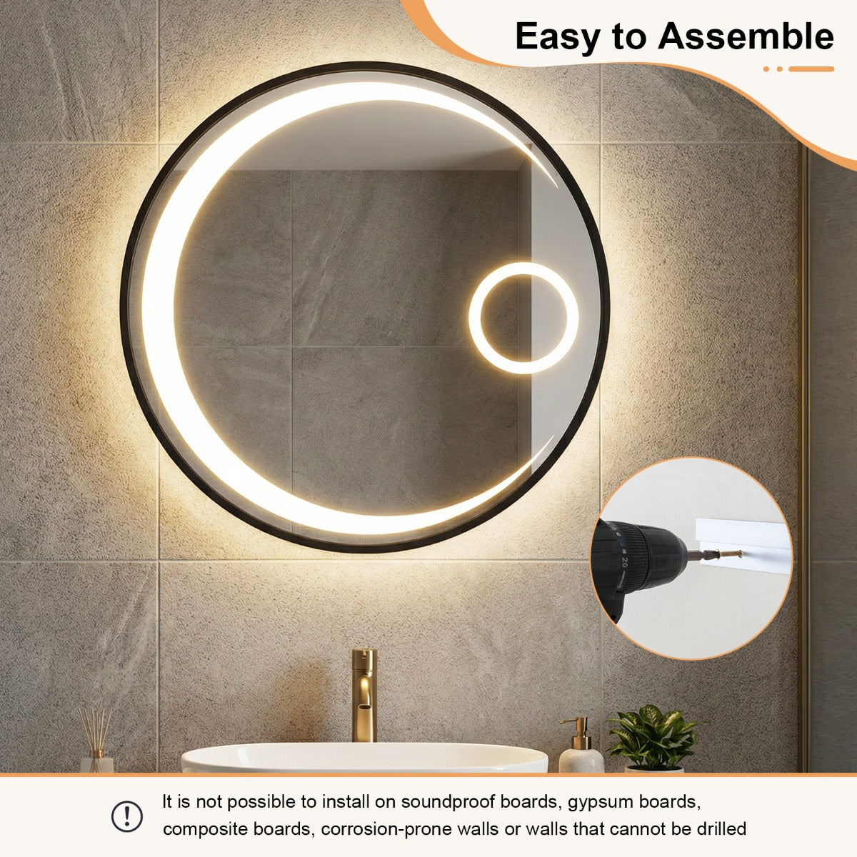 Livsk costway 61 cm ronde badkamerspiegel badkamerspiegel met aluminium frame ronde wandspiegel 6