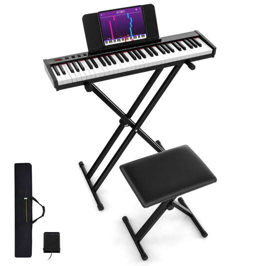 LIVSK Digitale Keyboardpiano 61 Toetsen - Inklapbare Standaard en Kruk - Bluetooth MIDI - 129 Tonen - 128 Ritmes - Wit + Zwart