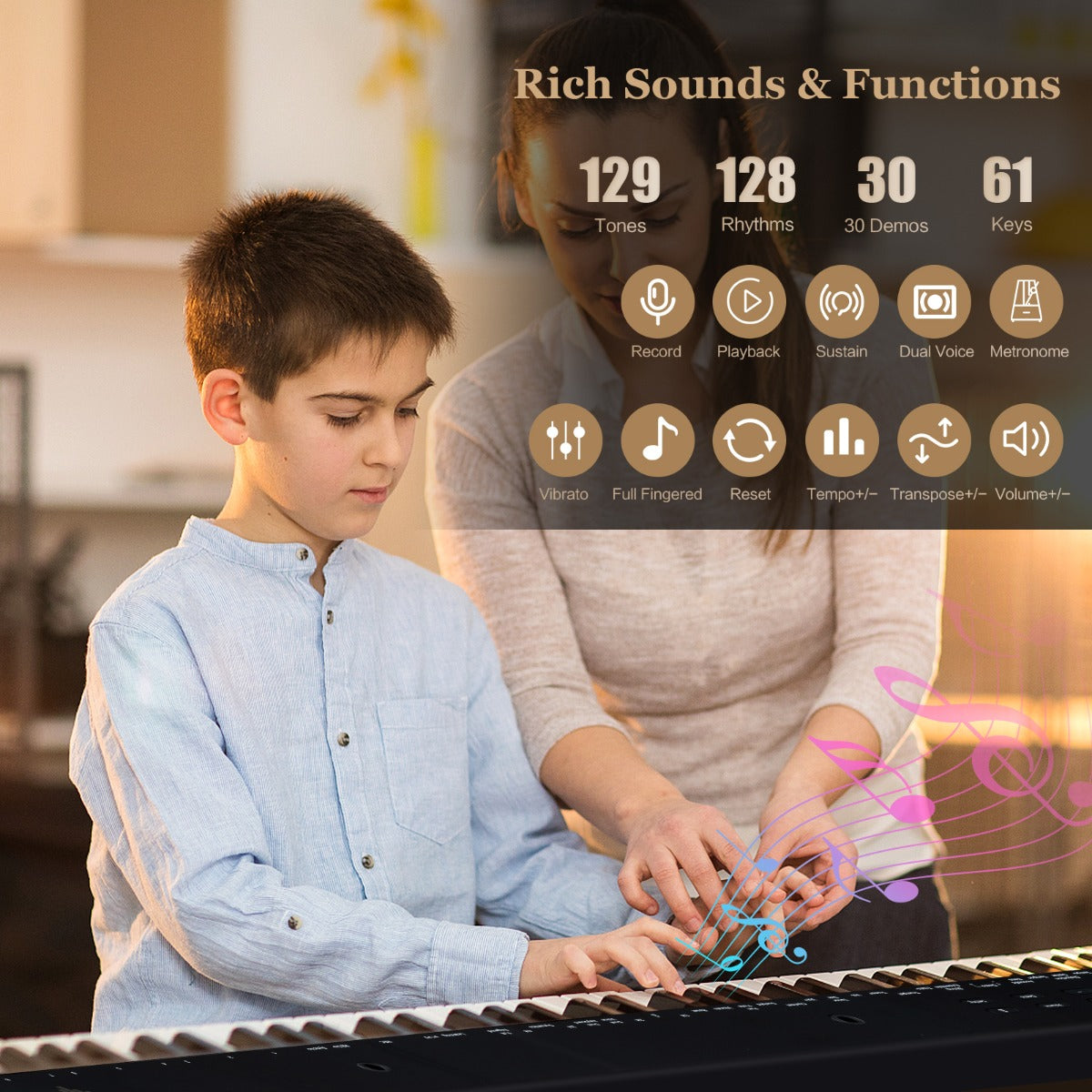 LIVSK Digitale Keyboardpiano 61 Toetsen - Inklapbare Standaard en Kruk - Bluetooth MIDI - 129 Tonen - 128 Ritmes - Wit + Zwart
