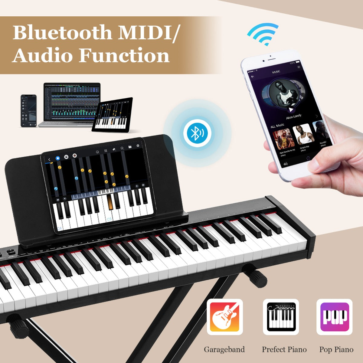 LIVSK Digitale Keyboardpiano 61 Toetsen - Inklapbare Standaard en Kruk - Bluetooth MIDI - 129 Tonen - 128 Ritmes - Wit + Zwart