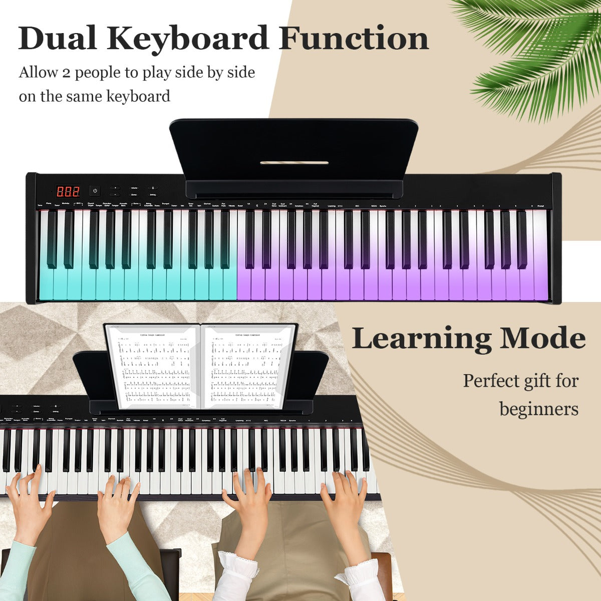 LIVSK Digitale Keyboardpiano 61 Toetsen - Inklapbare Standaard en Kruk - Bluetooth MIDI - 129 Tonen - 128 Ritmes - Wit + Zwart