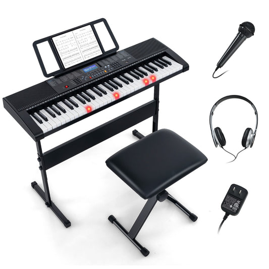 LIVSK Digitale Keyboard-Pianoset - 61 Toetsen - 600 Klankkleuren - Inclusief Standaard, Kruk, Hoofdtelefoon, Microfoon - Wit +