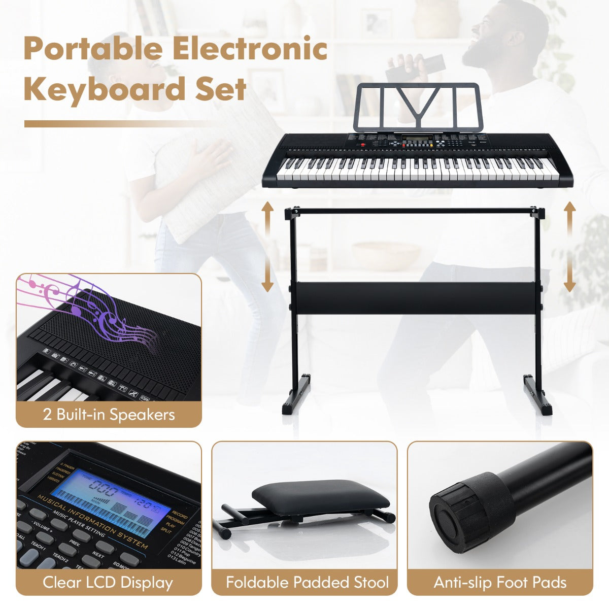LIVSK Digitale Keyboard-Pianoset - 61 Toetsen - 600 Klankkleuren - Inclusief Standaard, Kruk, Hoofdtelefoon, Microfoon - Wit +