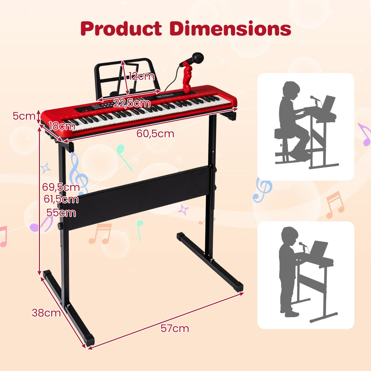 Livsk costway 61 toetsen kinderpiano keyboard voor binnengebruik compleet met verstelbare standaard microfoon en muziekstandaard rood 1 1