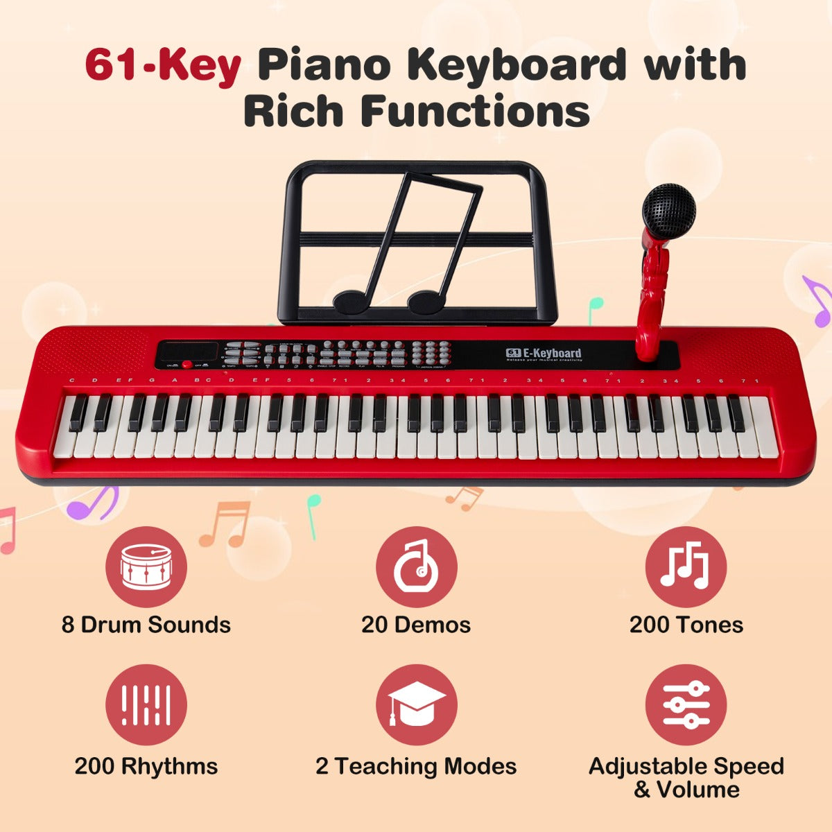 Livsk costway 61 toetsen kinderpiano keyboard voor binnengebruik compleet met verstelbare standaard microfoon en muziekstandaard rood 3