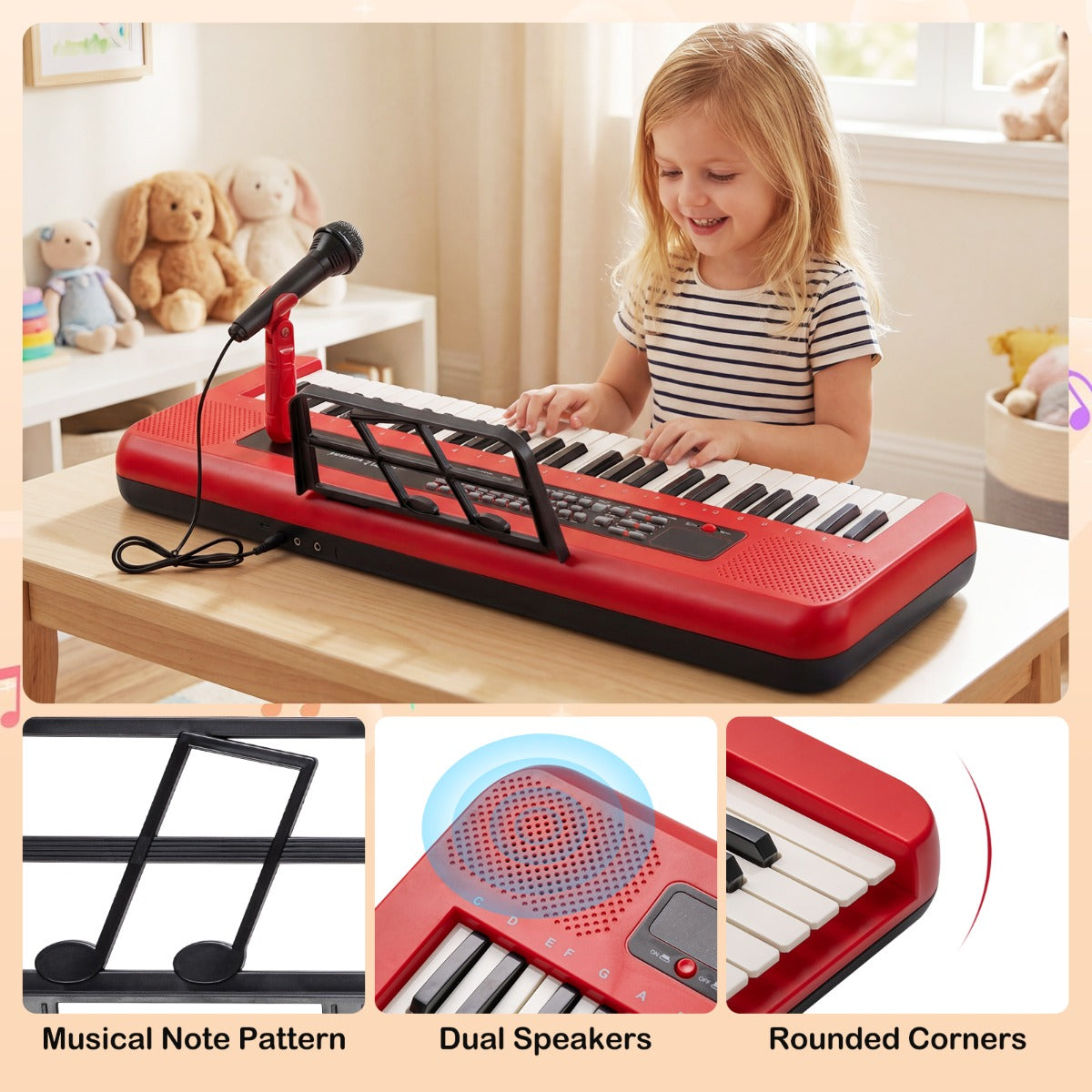 Livsk costway 61 toetsen kinderpiano keyboard voor binnengebruik compleet met verstelbare standaard microfoon en muziekstandaard rood 4