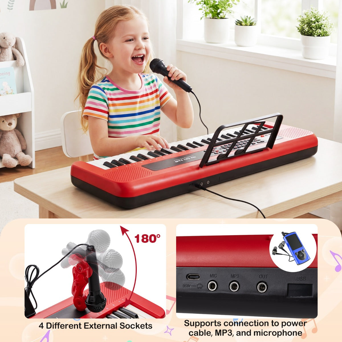 Livsk costway 61 toetsen kinderpiano keyboard voor binnengebruik compleet met verstelbare standaard microfoon en muziekstandaard rood 5