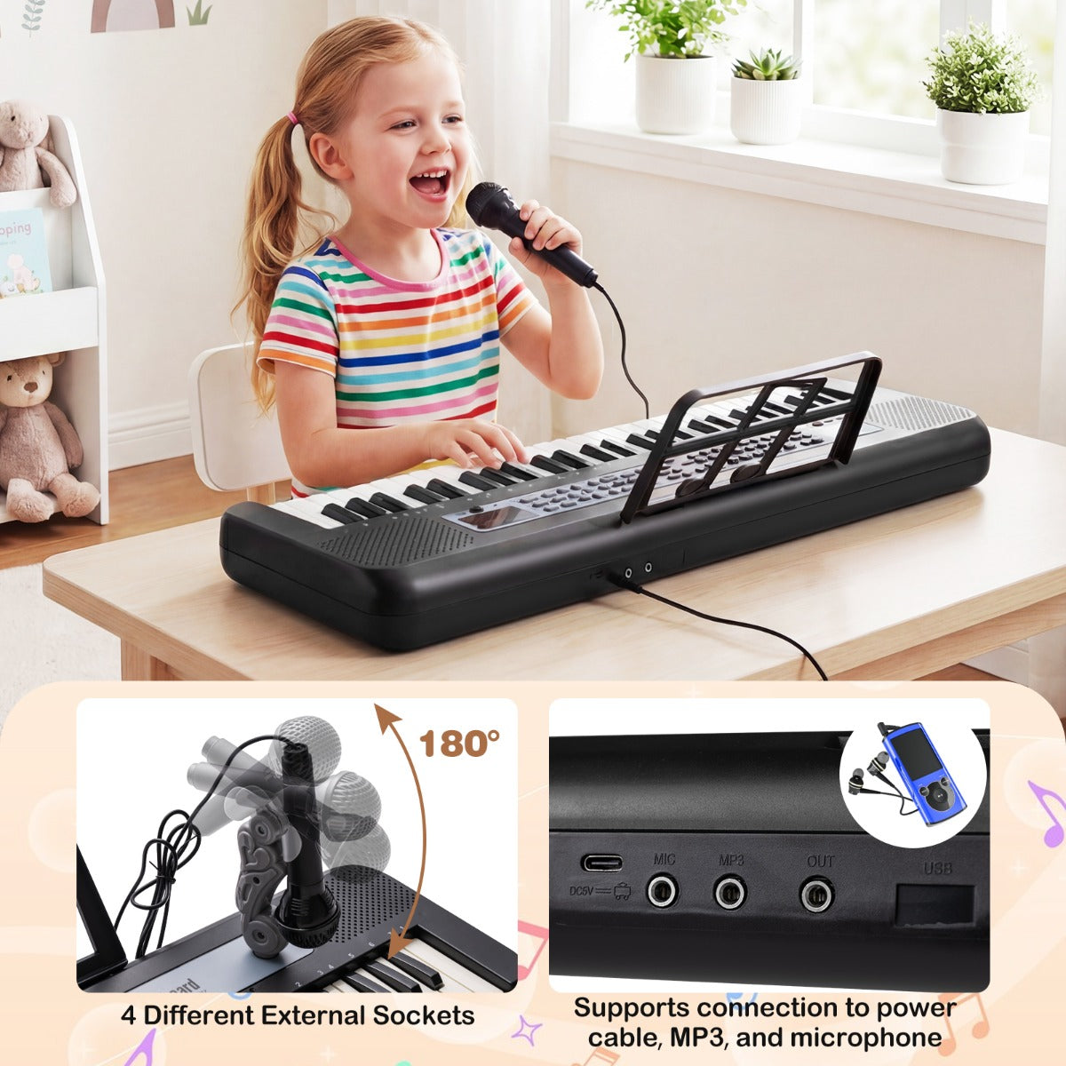 Livsk costway 61 toetsen kinderpiano keyboard voor binnengebruik compleet met verstelbare standaard microfoon en muziekstandaard zwart 5