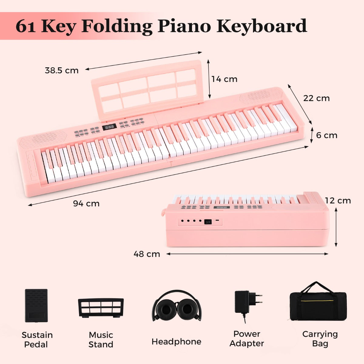Livsk costway 61 toetsen opvouwbaar pianoklavier volwaardig elektronisch klavier met midi splitfunctie hoofdtelefoon sustainpedaal roze 1 1