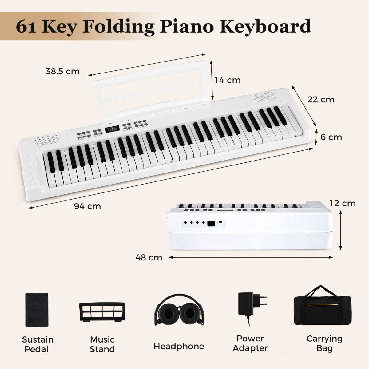 Livsk costway 61 toetsen opvouwbaar pianoklavier volwaardig elektronisch klavier met midi splitfunctie hoofdtelefoon sustainpedaal wit 1 1