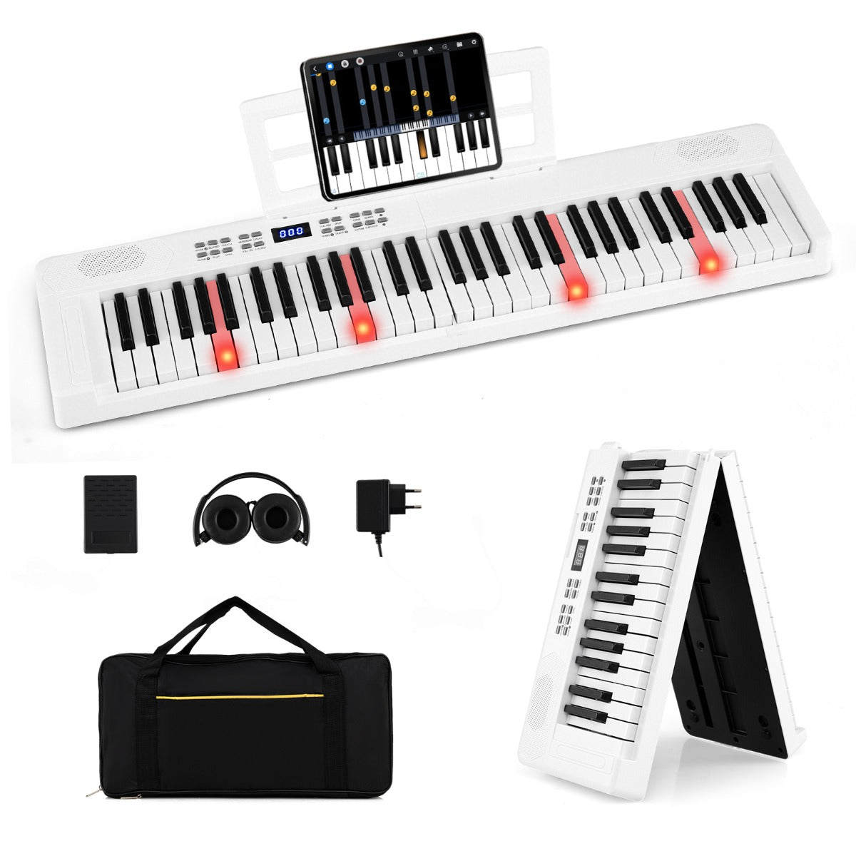 Livsk costway 61 toetsen opvouwbaar pianoklavier volwaardig elektronisch klavier met midi splitfunctie hoofdtelefoon sustainpedaal wit