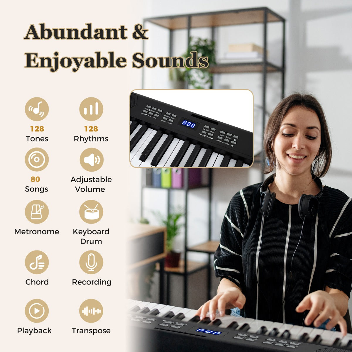 Livsk costway 61 toetsen opvouwbaar pianoklavier volwaardig elektronisch klavier met midi splitfunctie hoofdtelefoon sustainpedaal zwart 2