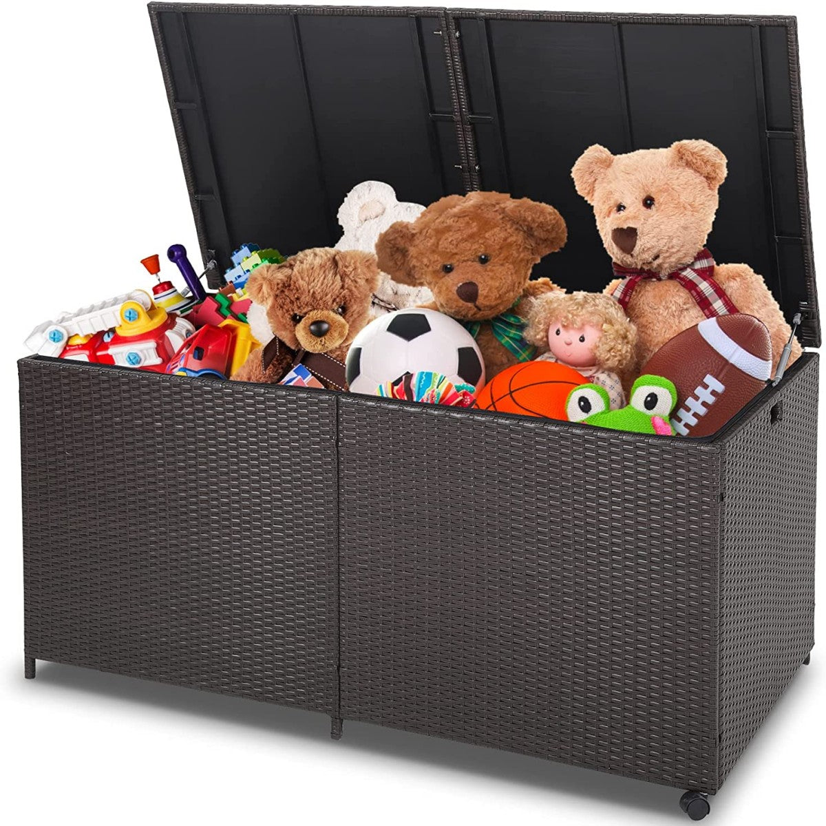 LIVSK Terrasopbergbox 662L - Waterdicht - Stevig Metalen Frame - 2 Wielen - Handgeweven Rotan - 150 x 77 x 73 cm - Bruin