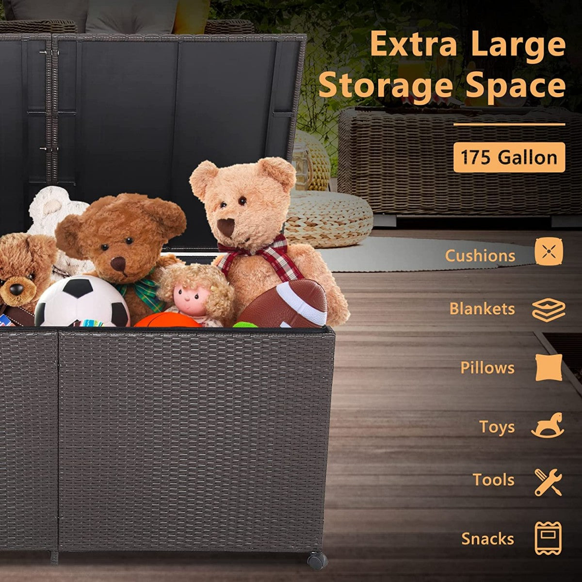 LIVSK Terrasopbergbox 662L - Waterdicht - Stevig Metalen Frame - 2 Wielen - Handgeweven Rotan - 150 x 77 x 73 cm - Bruin