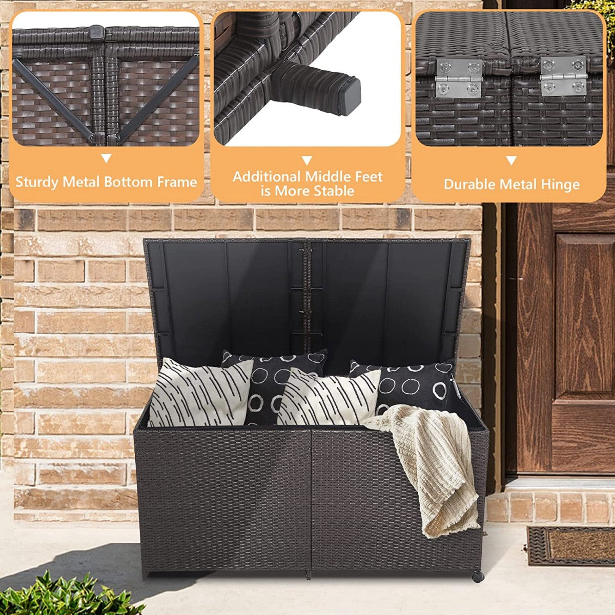 LIVSK Terrasopbergbox 662L - Waterdicht - Stevig Metalen Frame - 2 Wielen - Handgeweven Rotan - 150 x 77 x 73 cm - Bruin
