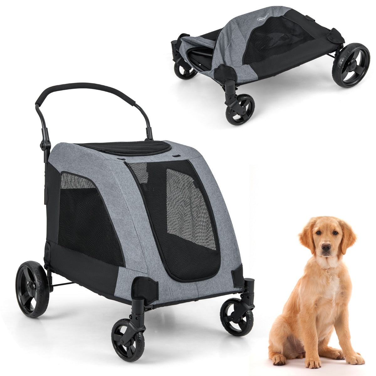 LIVSK Huisdieren Kinderwagen - Duurzaam Oxford Stof - Schokabsorberende Wielen - Ademend Dakraam - Tot 60 kg - Grijs/Zwart