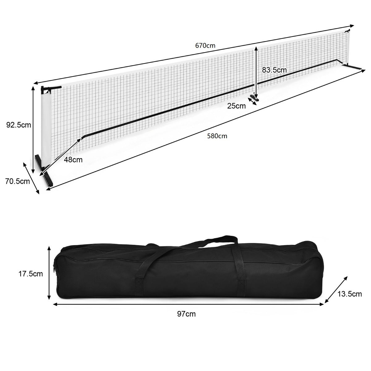 LIVSK Pickleball-Netstandaard - Officiële Afmetingen - Duurzaam Metaal en PE - Inclusief Draagtas - 670 x 71 x 92 cm - Zwart
