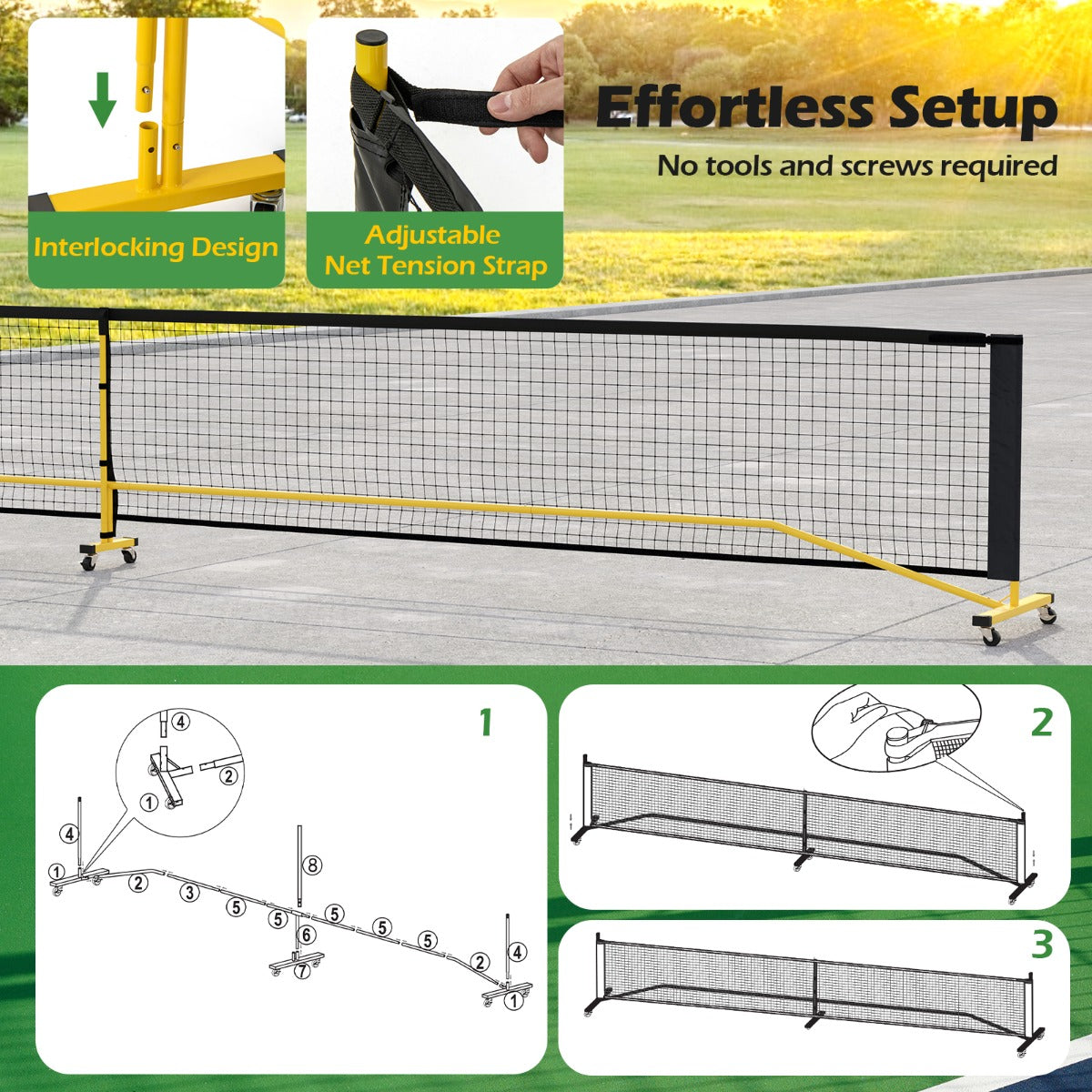 LIVSK Pickleballnet Set - Draagbaar met 6 Wielen - Eenvoudige Montage zonder Gereedschap - PE-net - 674,5 x 60,5 x 91,5 cm -