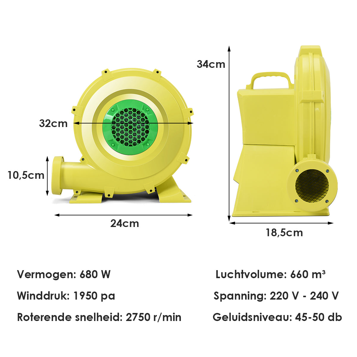LIVSK 680W Ventilator - Compact en Draagbaar - Veilig Ontwerp - Minimaal Geluid - Voor Springkussens - 220V-240V - Blauw