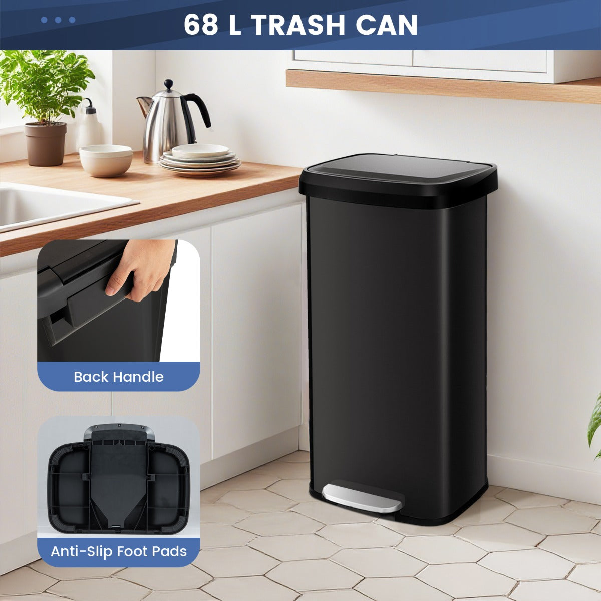 LIVSK Pedaalprullenbak 68L - Zacht Sluitend Deksel - Desodoriseringsvak - Roestvrijstaal - Geruisloos - Antislip Onderkant - Zwart