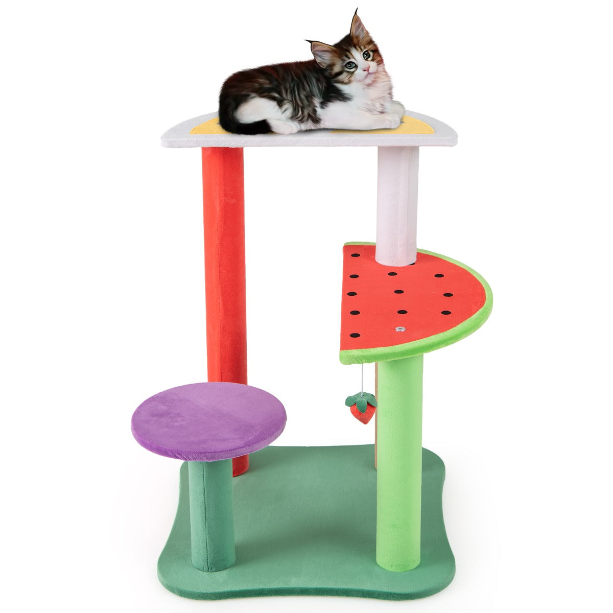 LIVSK Kattentoren met Fruitthema - 4 Niveaus - Pluche Hangende Bal - Speelse Ontwerpen - 69 cm - Veelkleurig