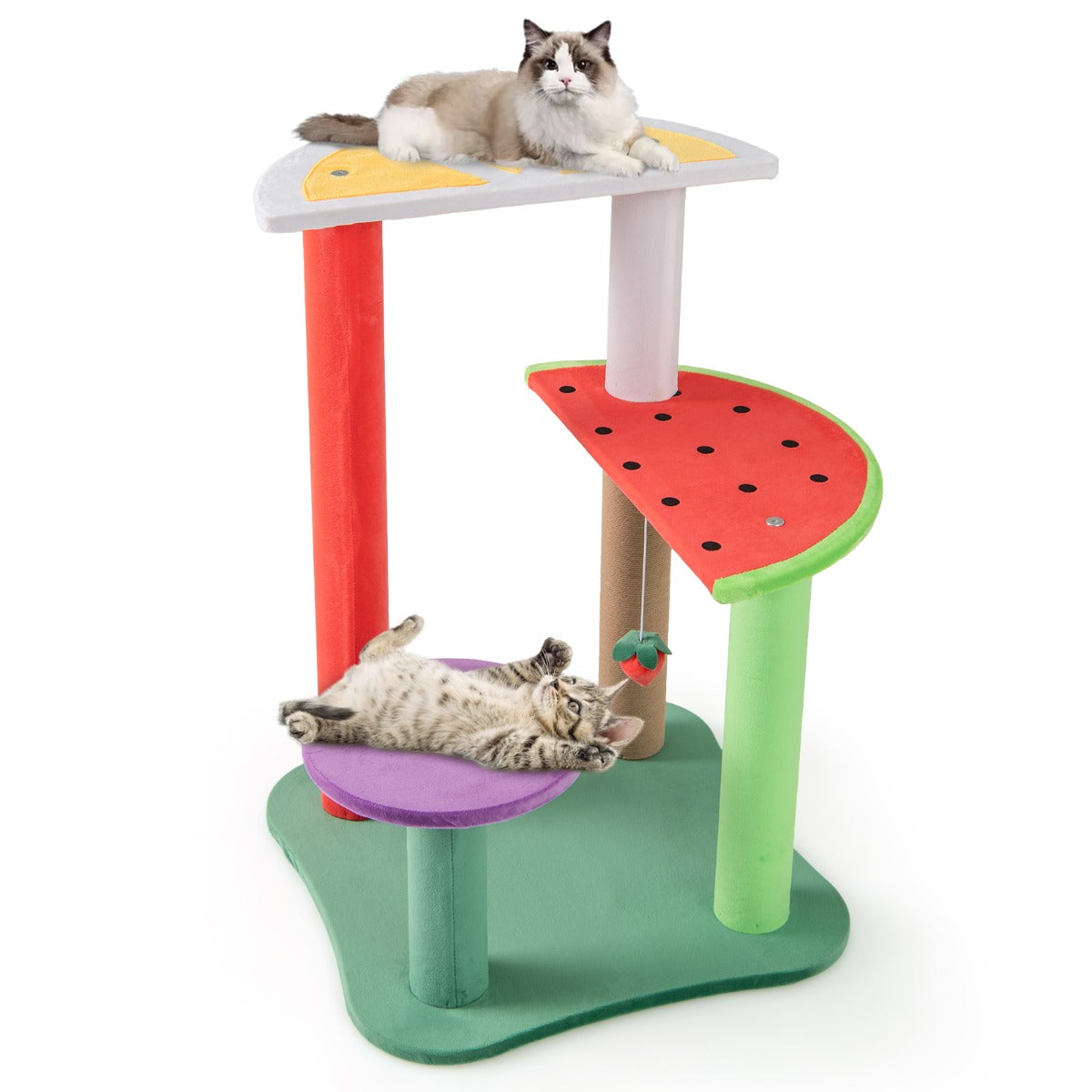 LIVSK Kattentoren met Fruitthema - 4 Niveaus - Pluche Hangende Bal - Speelse Ontwerpen - 69 cm - Veelkleurig