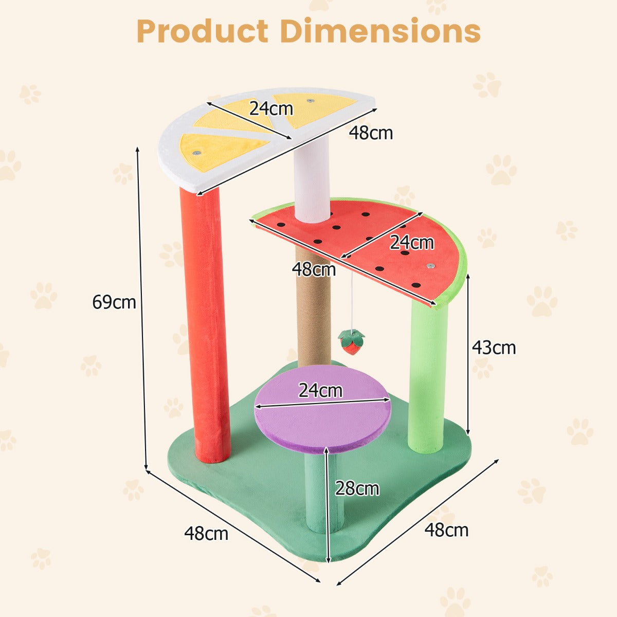 LIVSK Kattentoren met Fruitthema - 4 Niveaus - Pluche Hangende Bal - Speelse Ontwerpen - 69 cm - Veelkleurig
