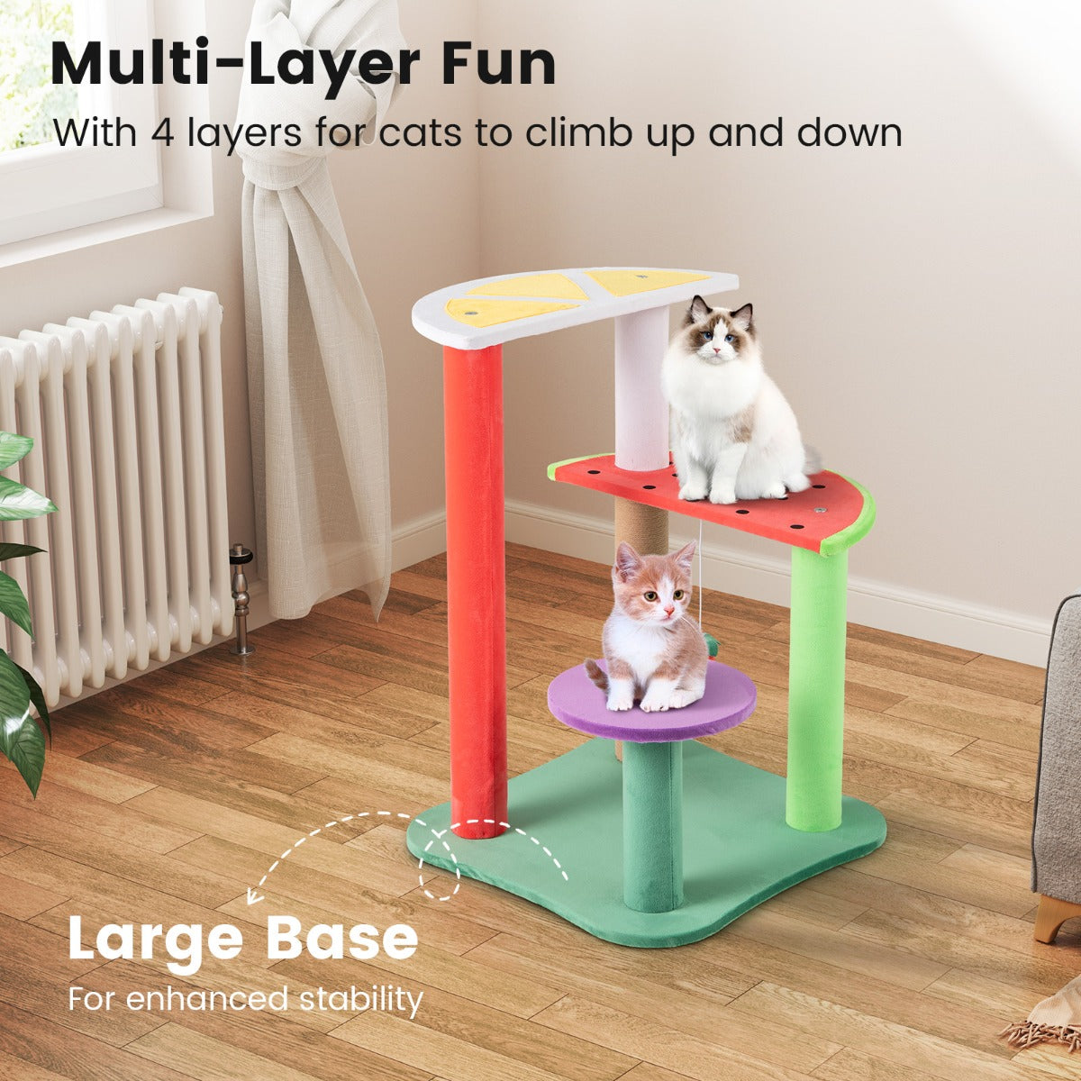 LIVSK Kattentoren met Fruitthema - 4 Niveaus - Pluche Hangende Bal - Speelse Ontwerpen - 69 cm - Veelkleurig