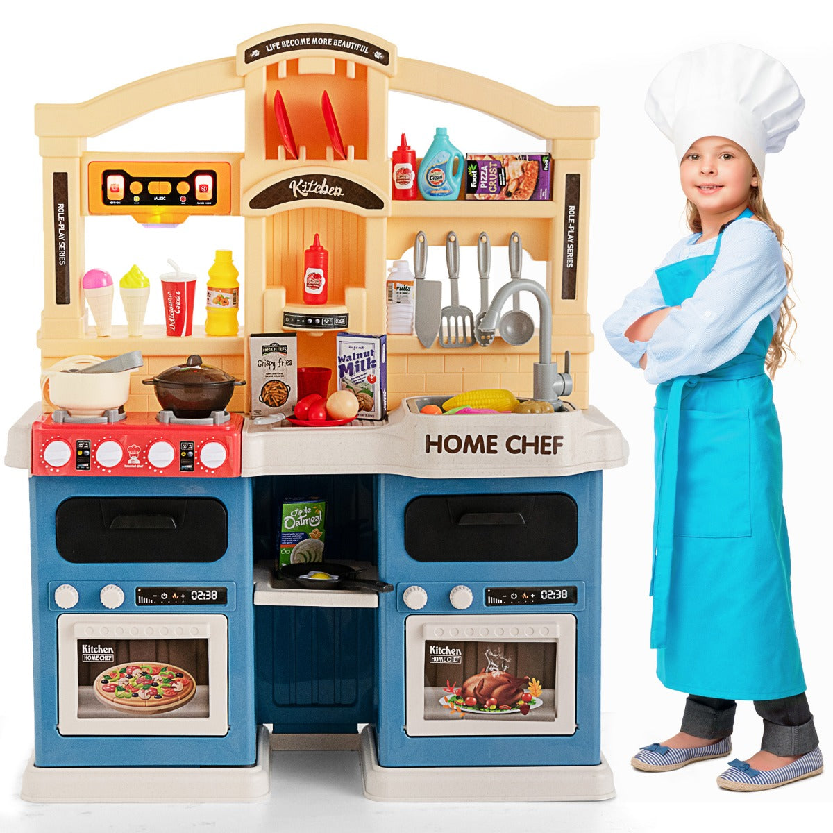 LIVSK Kinderkeukenset - 2 Kookplaten met Lichteffecten - Afzuigkap met Geluid en Muziek - 69 Accessoires - Blauw