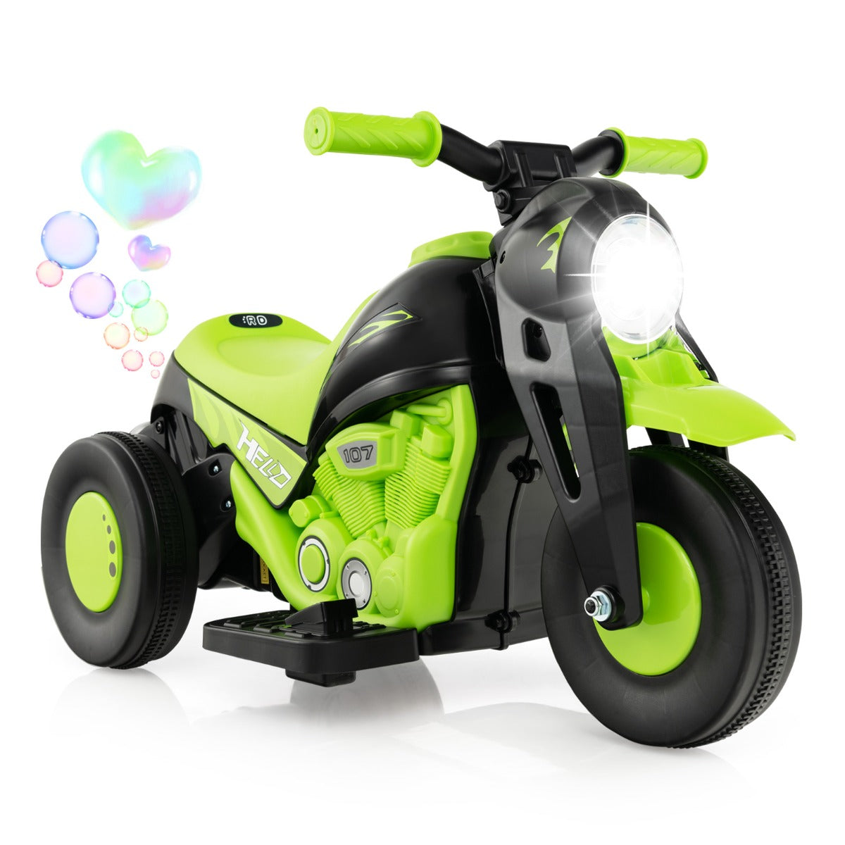 LIVSK Elektrische Bubbelauto - Bellenblaasmachine met Muziekknop en LED-koplampen - Tot 30 kg - 81 x 36 x 43 cm - Groen
