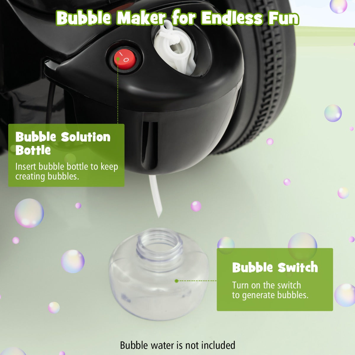 LIVSK Elektrische Bubbelauto - Bellenblaasmachine met Muziekknop en LED-koplampen - Tot 30 kg - 81 x 36 x 43 cm - Groen