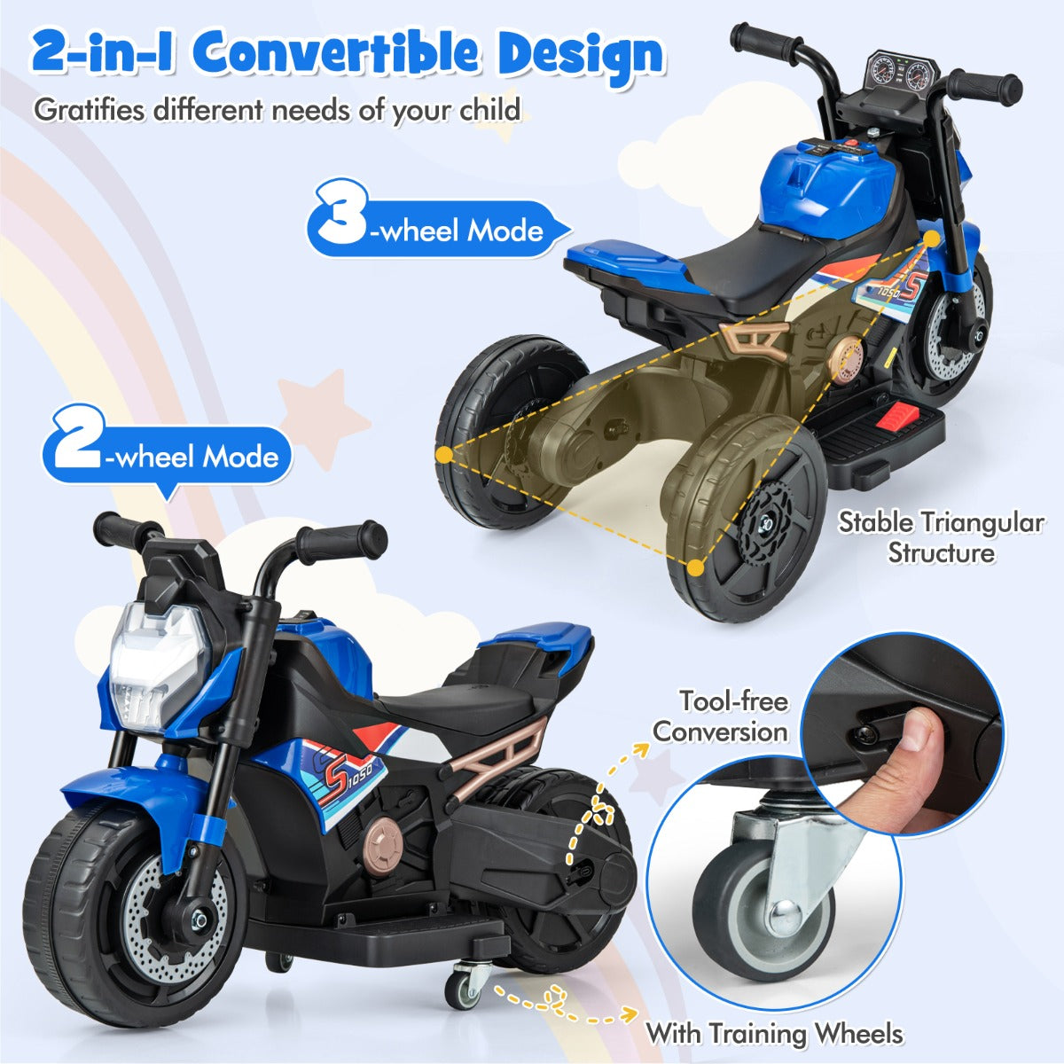 LIVSK Elektrische Kindermotorfiets - 2/3-wielmodus - LED-koplamp en Muziek - Veilig en Comfortabel - Tot 20 kg - Blauw