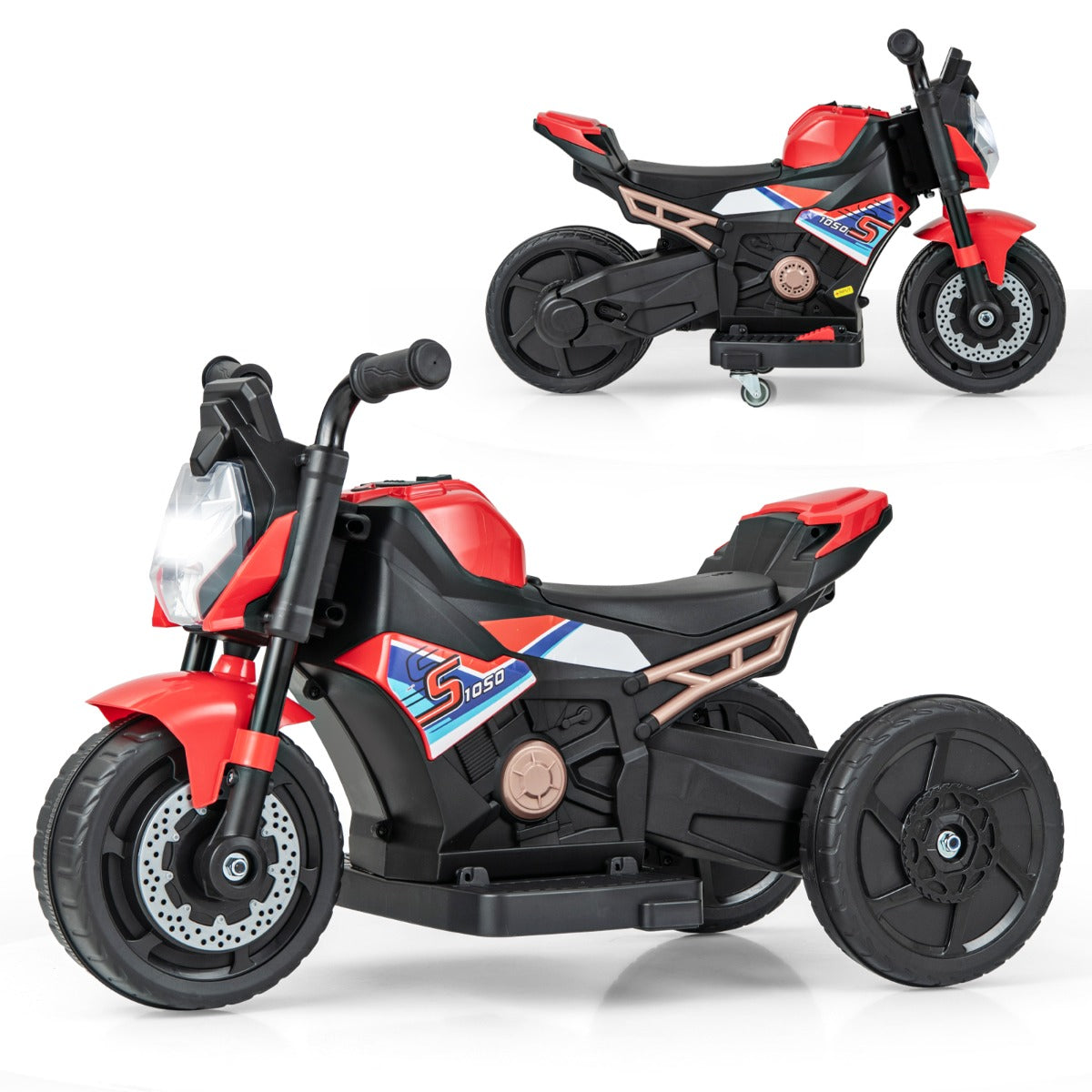 LIVSK Elektrische Kindermotorfiets - 2-in-1 2/3-wielmodus - LED-koplamp - Claxon en Muziek - Veilig tot 3 km/u - Rood