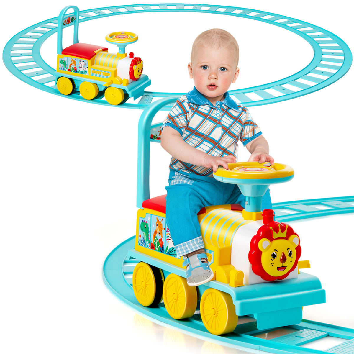 LIVSK Elektrische Kindertrein - Retrostijl met 16 Spoorstukken - Veilig met Rugleuning en Anti-kantel - Voor Kinderen - Blauw