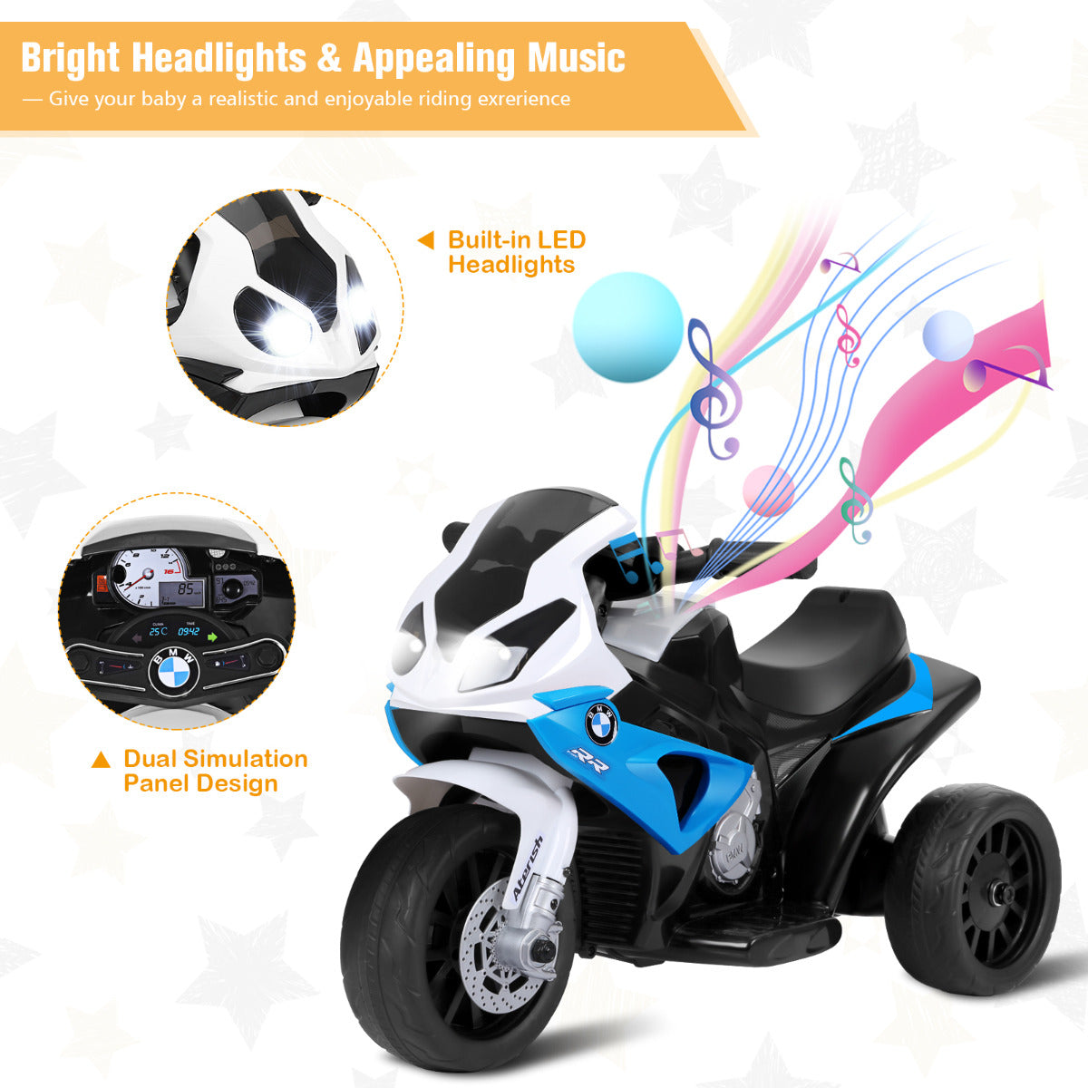 LIVSK Accu Motorfiets - Duurzaam PP-materiaal - Veilig voorgevormd zitje - Trainingswielen - Muziekmodus - 66 x 37 x 44 cm -