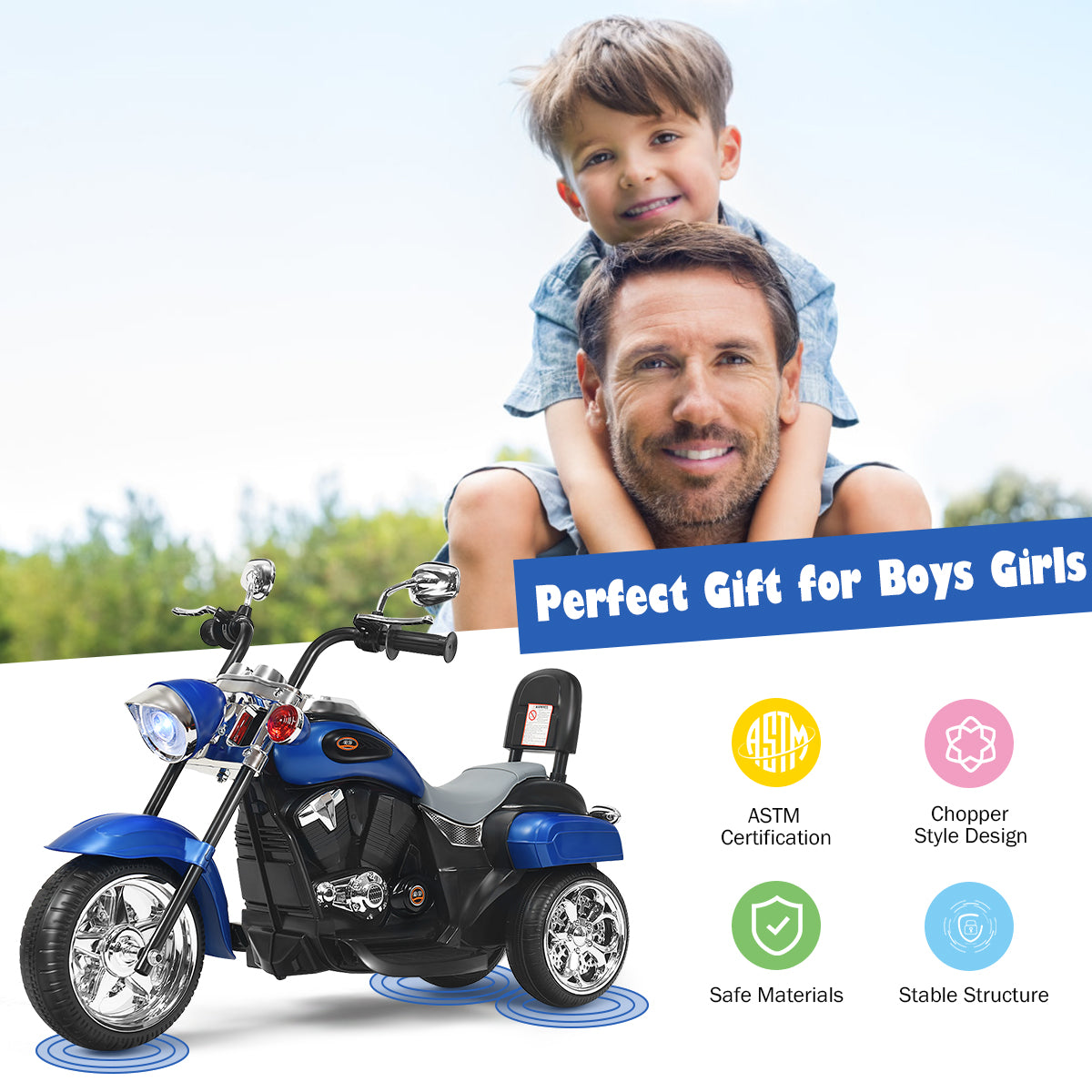 LIVSK Chopper Stijl Motorfiets - Vooruit/Achteruit Rijden - Heldere Koplamp - Ingebouwde Muziek - 91 x 48 x 64 cm - Zoals